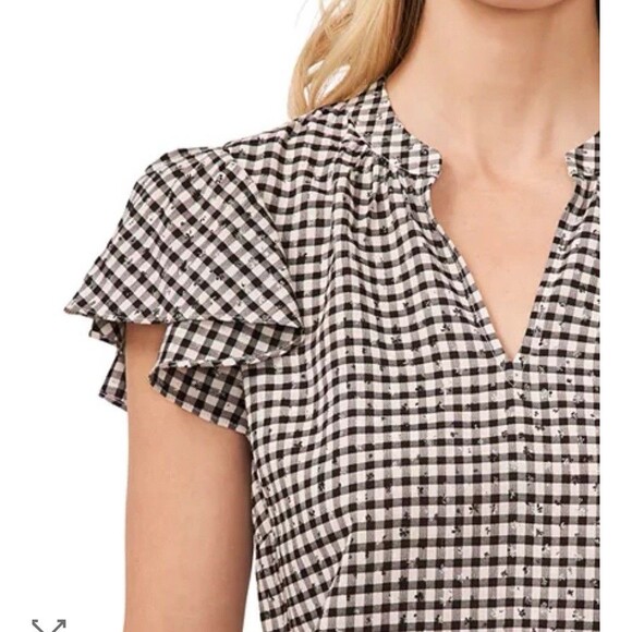 CeCe NEW Black White Gingham Flutter Short Sleeve V Neck Top Size Medium - Picture 5 of 14
